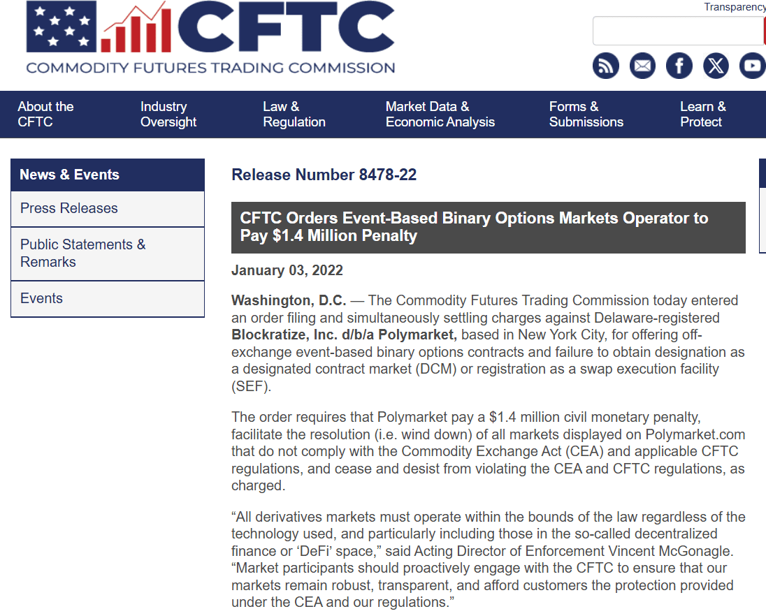 CFTC Fines Polymarket $1.4M. Source: Commodity Futures Trading Commission